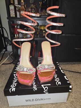 Wild Diva Pink Rhinestone Spiral Strap Heels